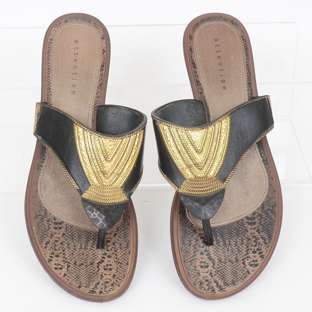Attention‎ Gold Tone Flip Flop Slip On Thong Artsy Boho Summer Sandals Women's 9